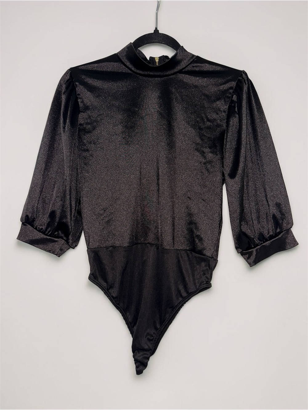 Black Satin Puff-Sleeve Bodysuit Size M